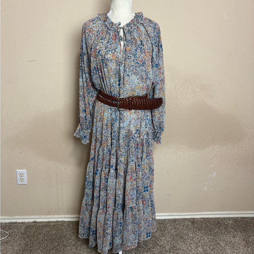 Free People Feeling Groovy Blue Floral Boho Maxi Long Sleeve Dress Size Medium - Picture 2 of 11